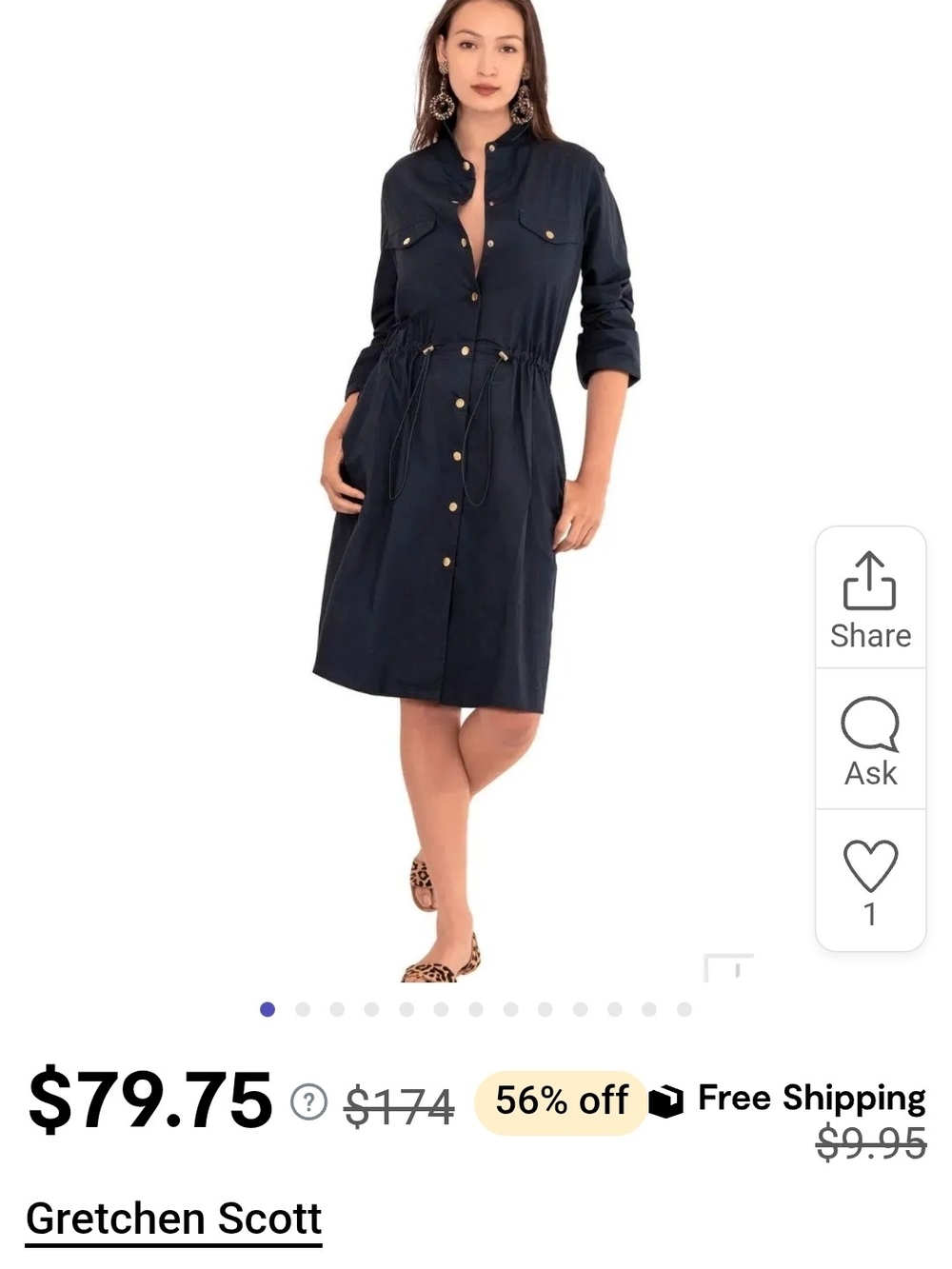 Gretchen Scott Designs Navy Button-Front Drawstring Shirt Dress